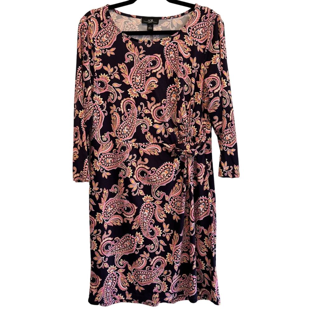 AGB Womens Purple Paisley Print 3/4 Sleeve Side Knot Shift Dress | Size Large
